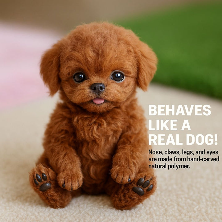 Brown robot puppy sitting upright on a cream carpet showing dark paw pads.