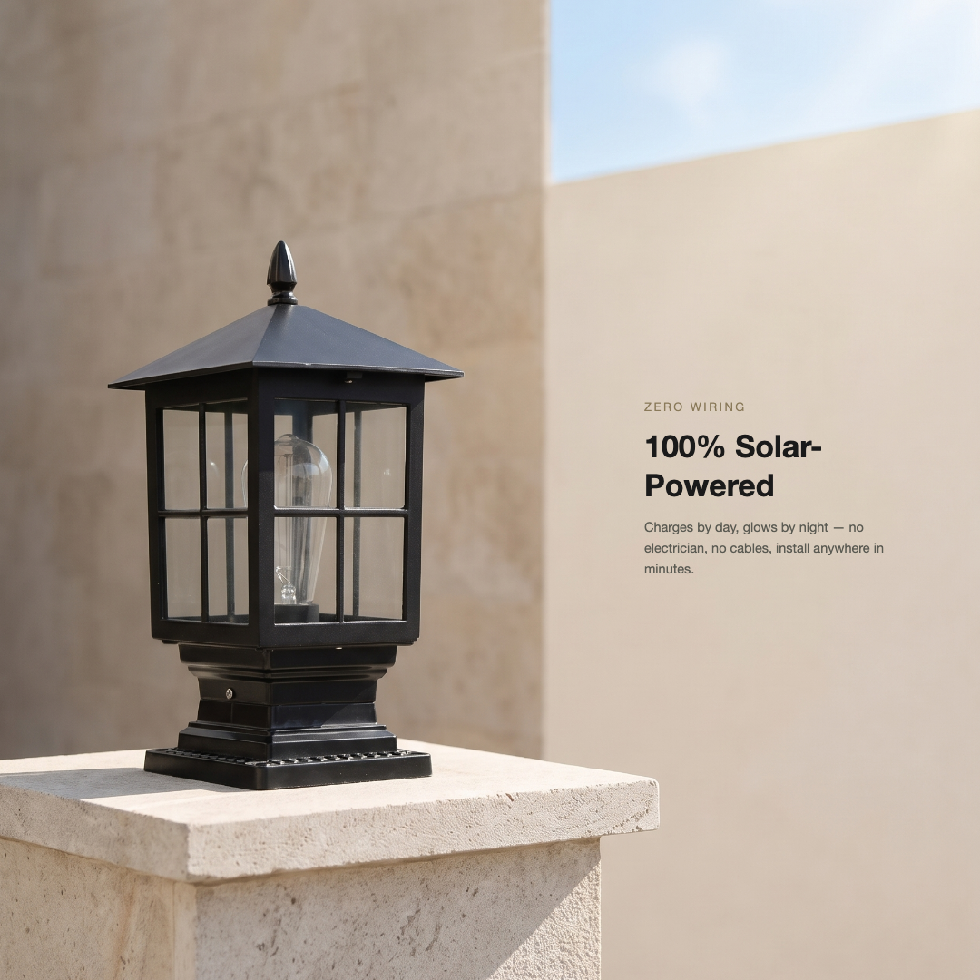 Black pillar lamp with an unlit bulb on a pale stone post against beige walls, with a caption about solar power. 4