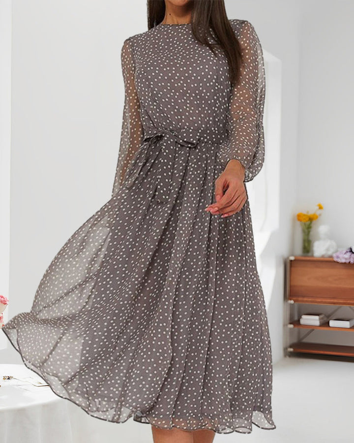 Gray polka dot dress, another view.
