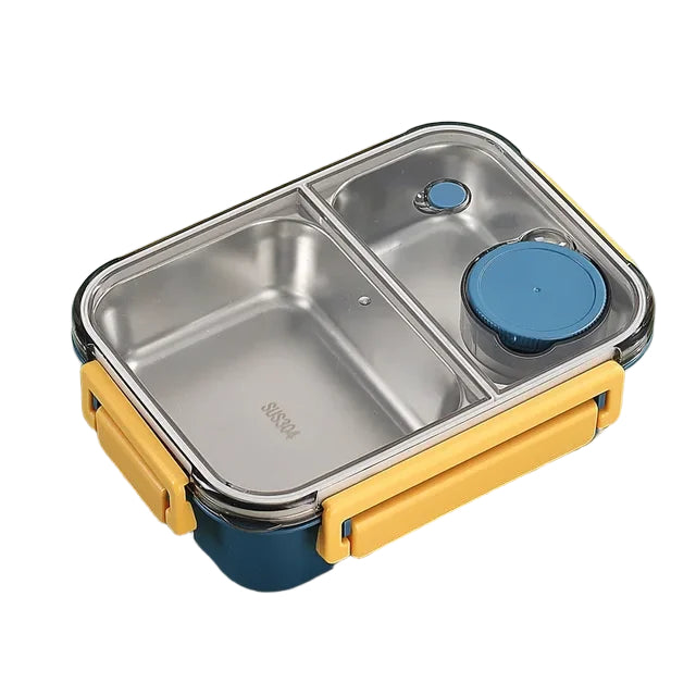 Same two-compartment steel lunch box in a navy blue and yellow version, with yellow latches and a blue round sauce cup. 2