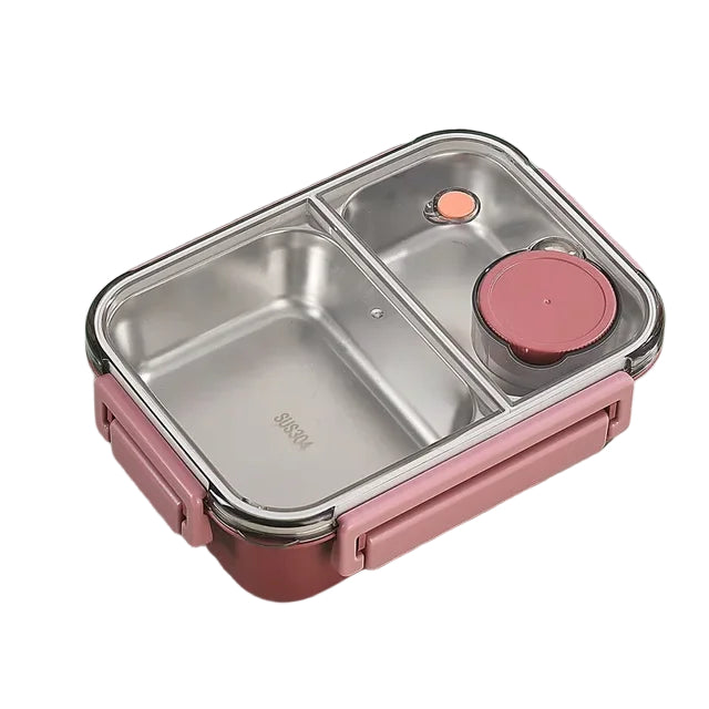 Pink version of the divided stainless steel lunch box, with pink latches, a clear lid and a small round condiment container. 3
