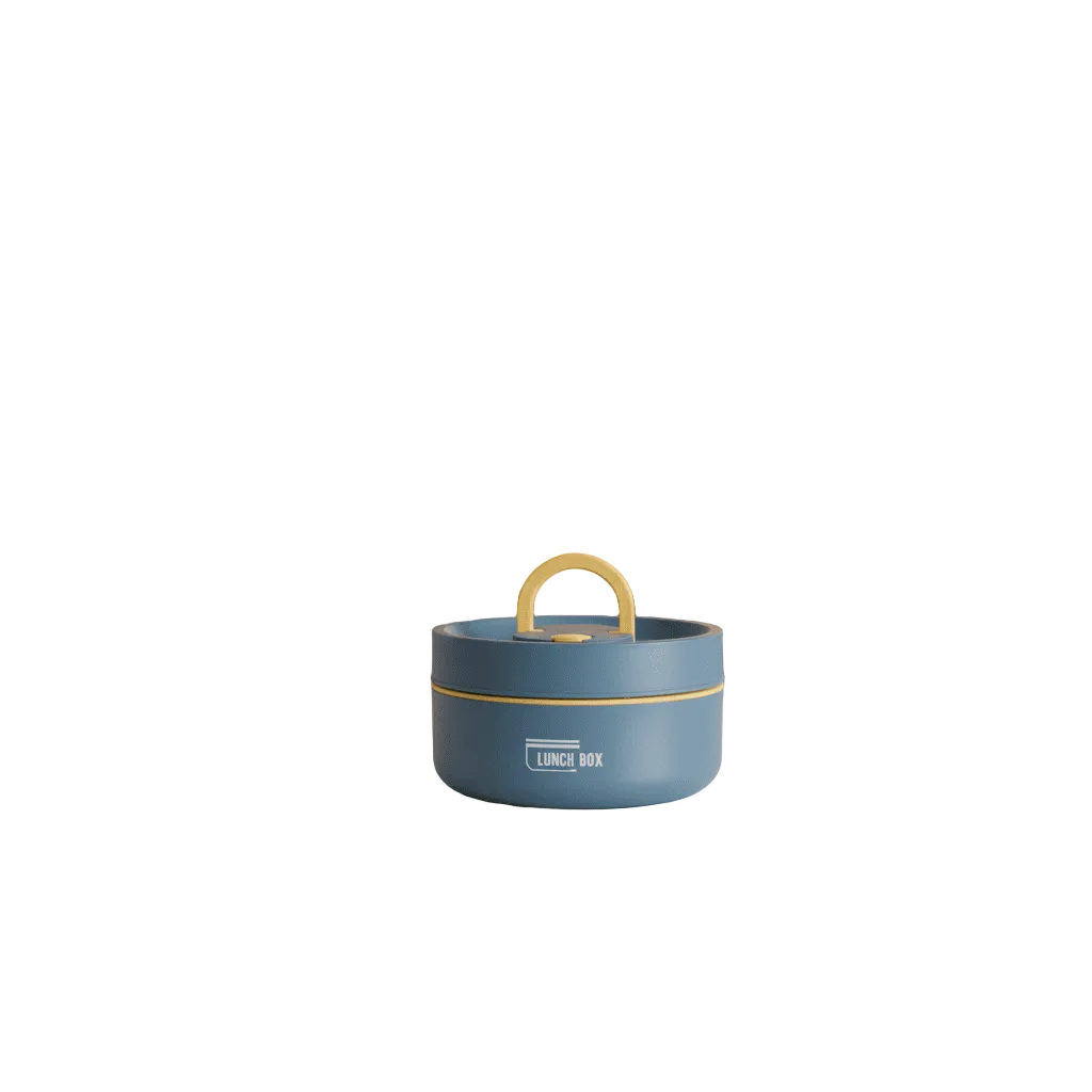 Single round beige container with a carry handle on a plain white background.
