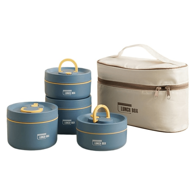 Four beige containers with carry handles, two stacked, next to a cream rectangular insulated zippered carry bag.
