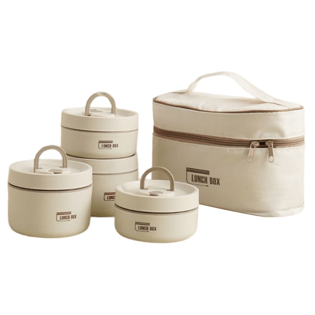 Set of four beige containers with taupe handles, two stacked, beside a matching cream rectangular zippered carry bag.