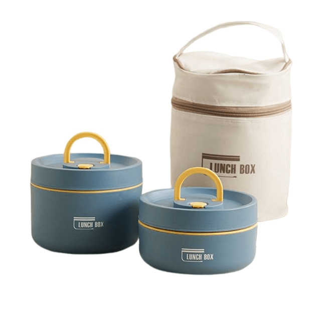 Two beige containers of different heights with yellow handles in front of a cream cylindrical insulated carry bag.