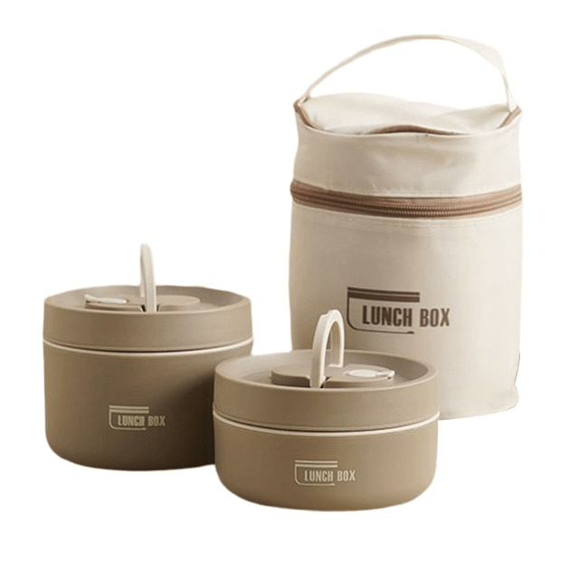 Two taupe containers with upright cream handles in front of a cream cylindrical zippered insulated bag.