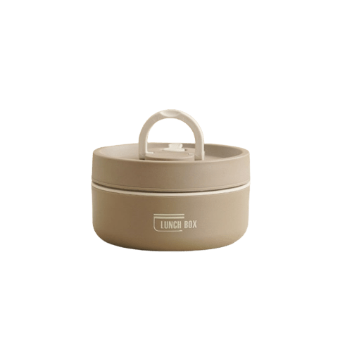 Single shallow round taupe container with a cream handle and light trim line on a white background.