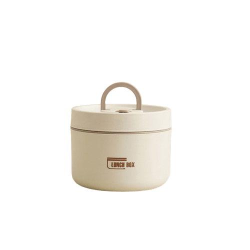 Single tall round cream container with a taupe handle and taupe trim line on a white background.