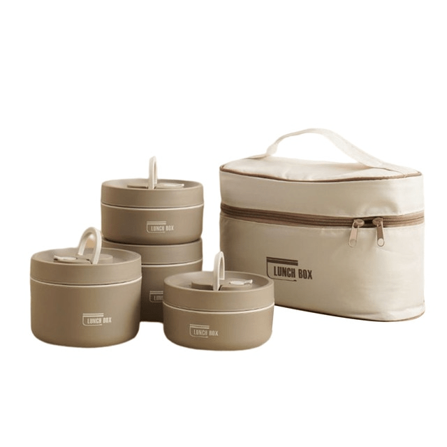 Four taupe containers with cream handles, two stacked, beside a cream rectangular zippered insulated carry bag.