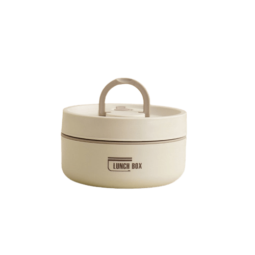 Single shallow round cream container with a taupe handle and taupe trim line on a white background.