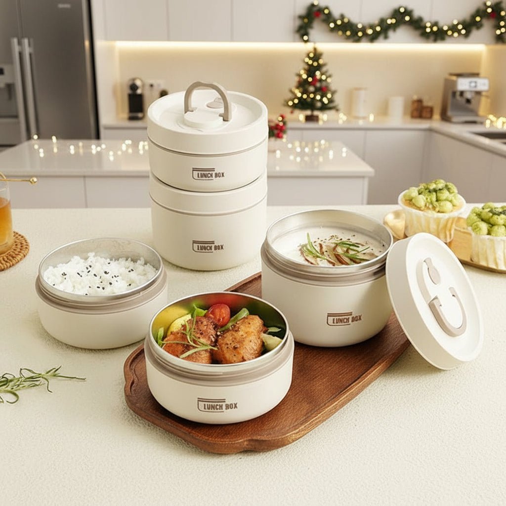 Beige containers stacked and opened on a kitchen counter, filled with rice, chicken salad and creamy soup.