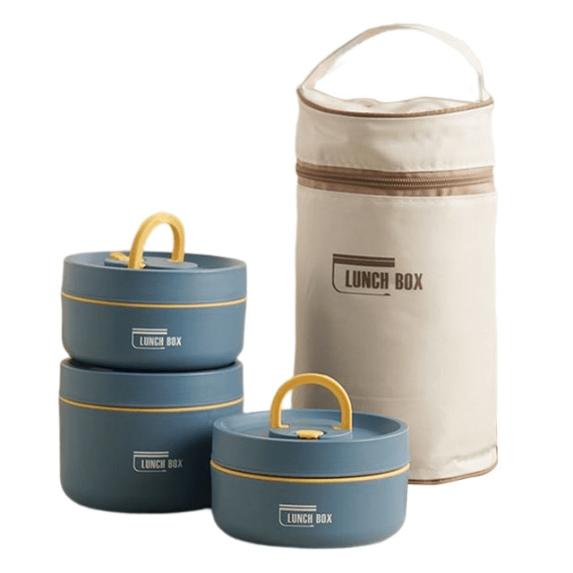 Three round blue containers with yellow handles, two stacked and one beside them, next to a tall cream insulated carry bag. 21