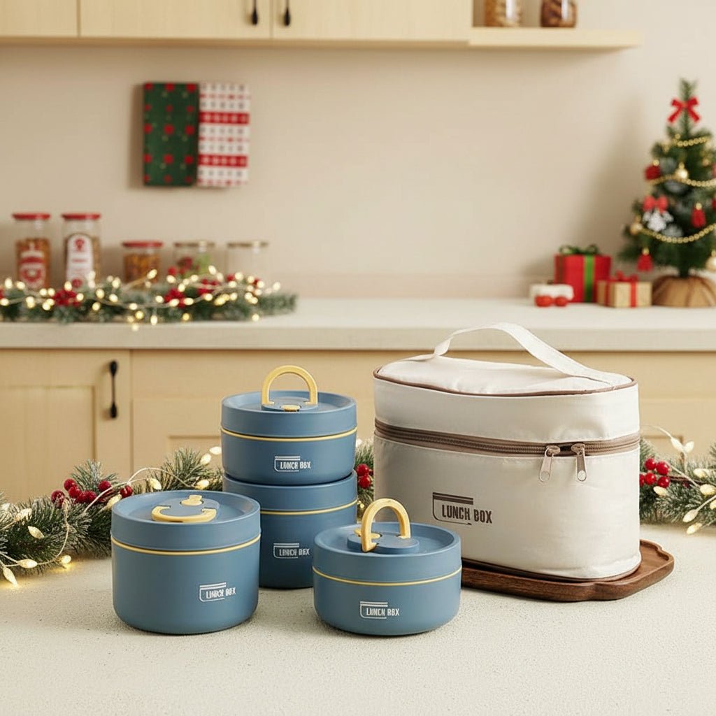 Beige containers with carry handles, some stacked, beside a cream zippered insulated carry bag.