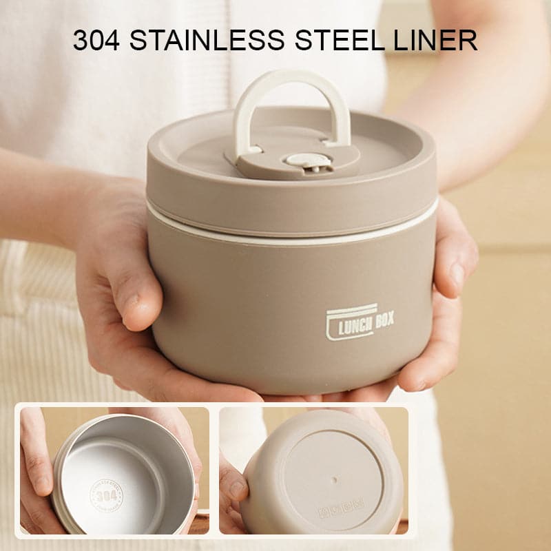 Person holding a taupe round container with a handle, with insets showing the steel inner liner and the base.