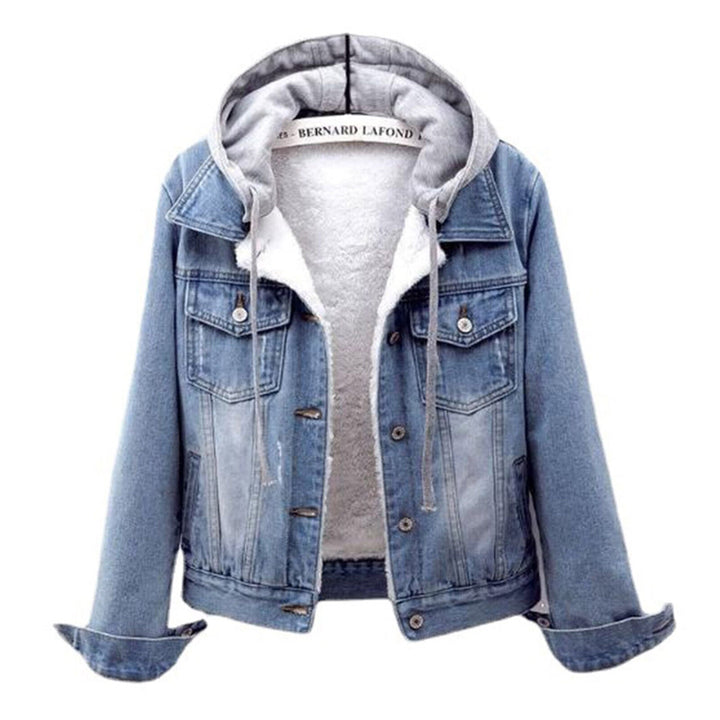 Damen Jeansjacke mit Kapuze, blau, gefüttert, lässig, modisch, Herbstmode, Baumwolle.