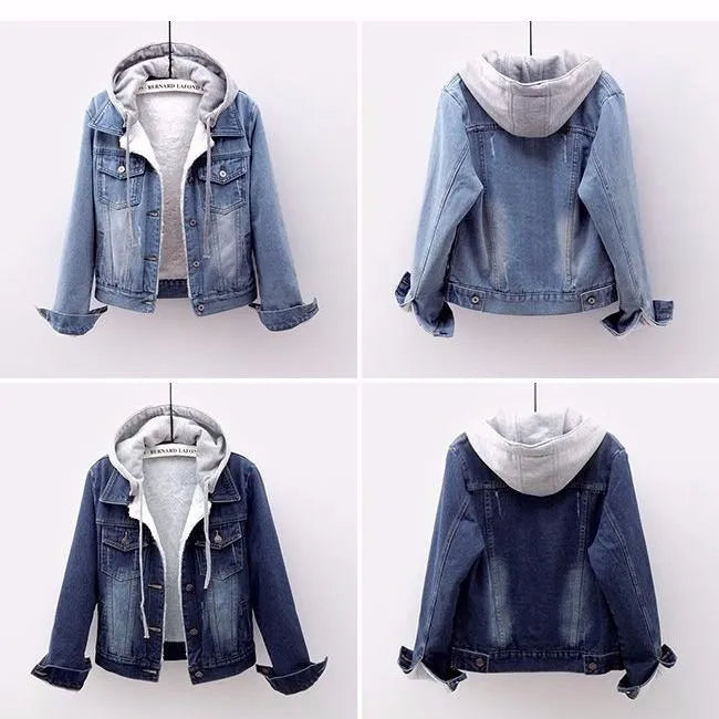 Damen Jeansjacke mit Kapuze, blau, lässig, modisch, Herbstmode, Denim, Streetwear.