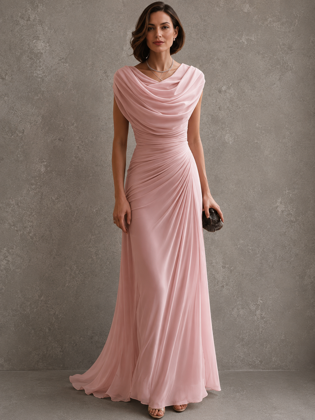 Blush pink draped maxi dress with a sleeveless silhouette and floor-length skirt, front view detail.