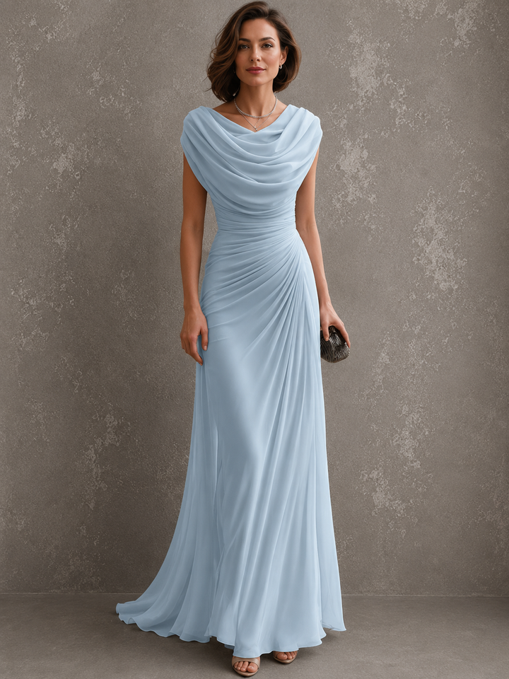 Full-length front view of the pale sky blue gown with a draped cowl neckline and a long flowing skirt.