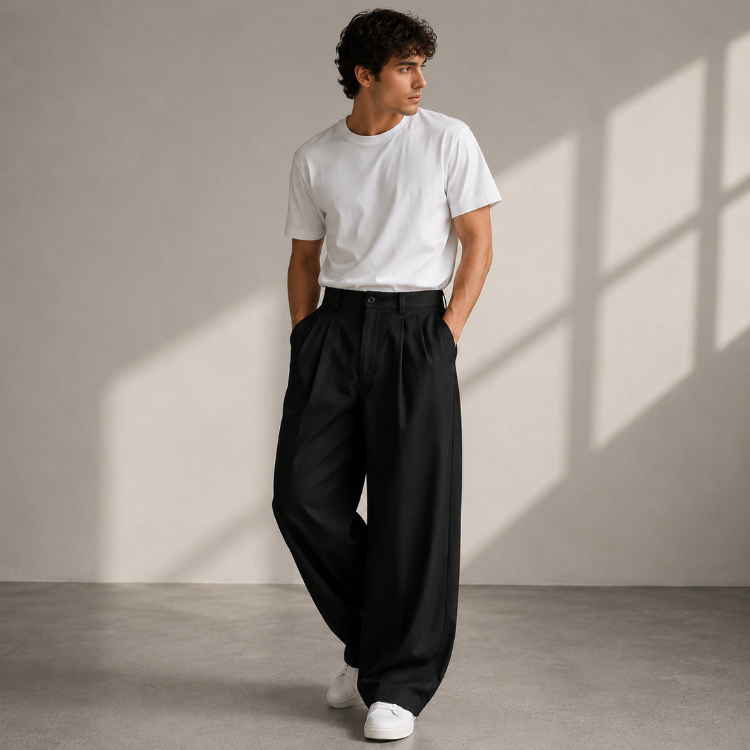 Model in black pleated wide-leg pants with a white tee and white sneakers, both hands in pockets, standing in soft window light.