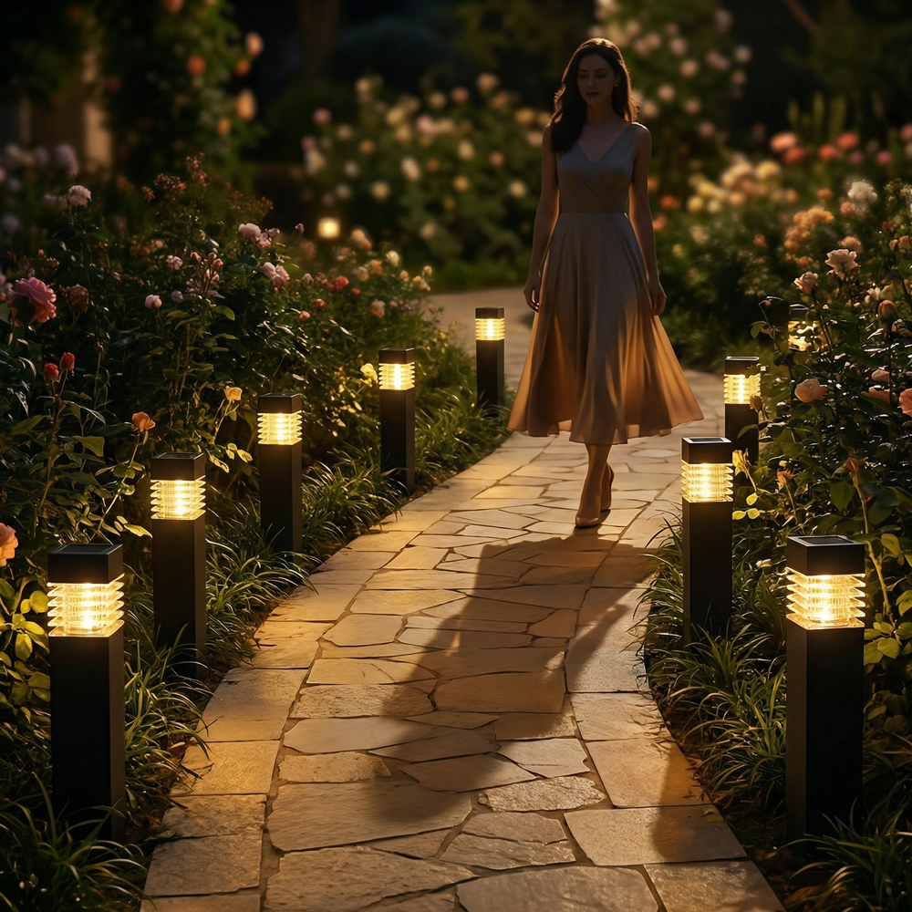 Glowing black stake lights with ridged clear lenses line a winding flagstone path.
