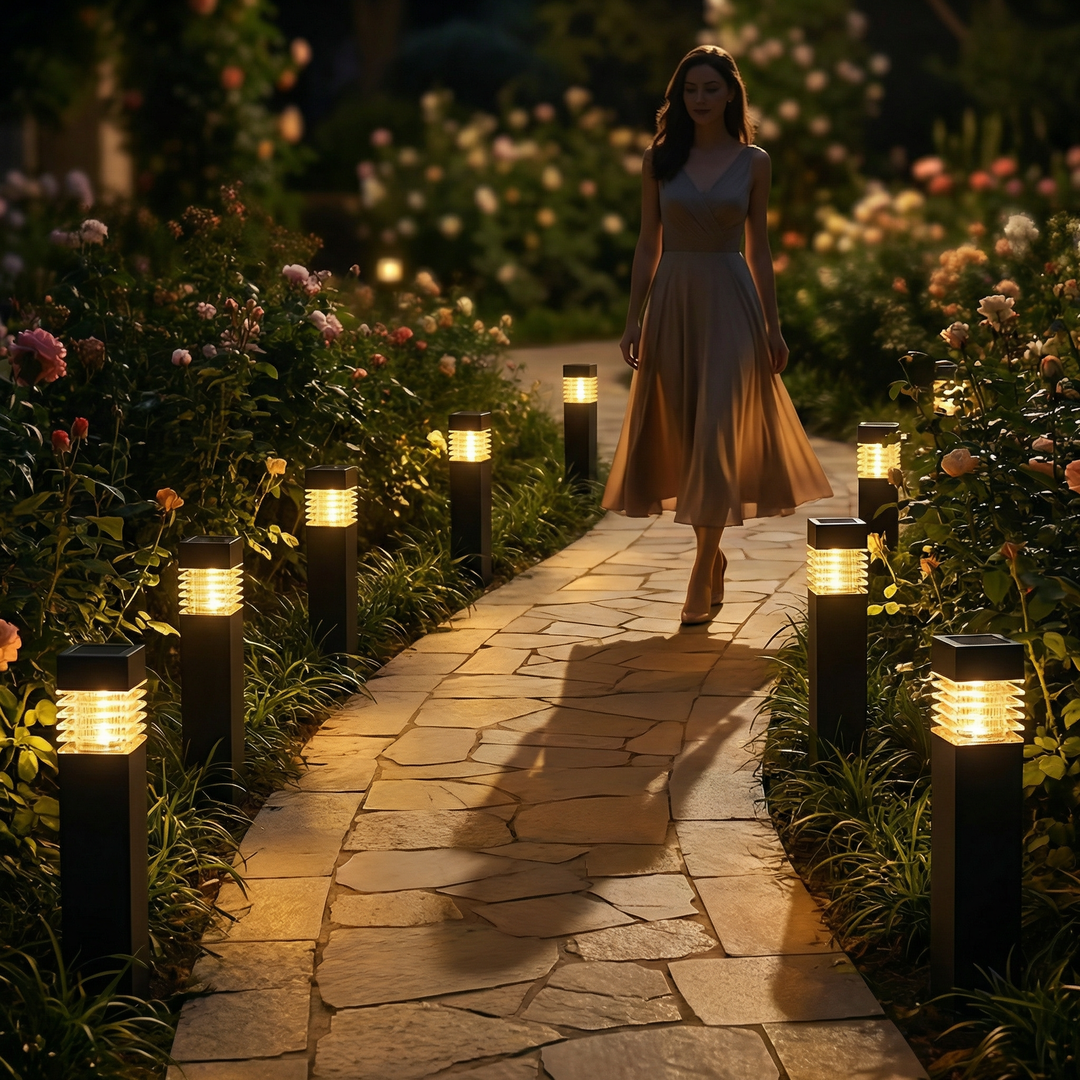 Glowing black stake lights with ridged clear lenses line a winding flagstone path.