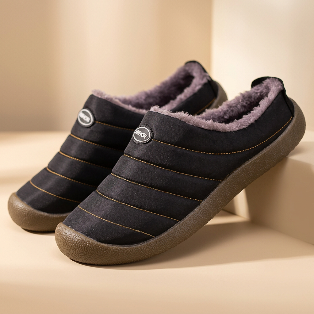 Pair of black quilted slippers with fleece lining, one leaning on a beige block in a studio 19