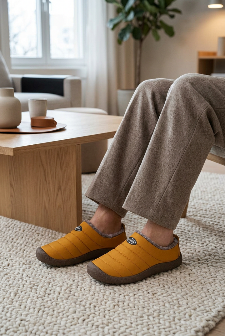 Person seated in a living room wearing mustard yellow quilted fleece-lined slippers on a woven rug 1