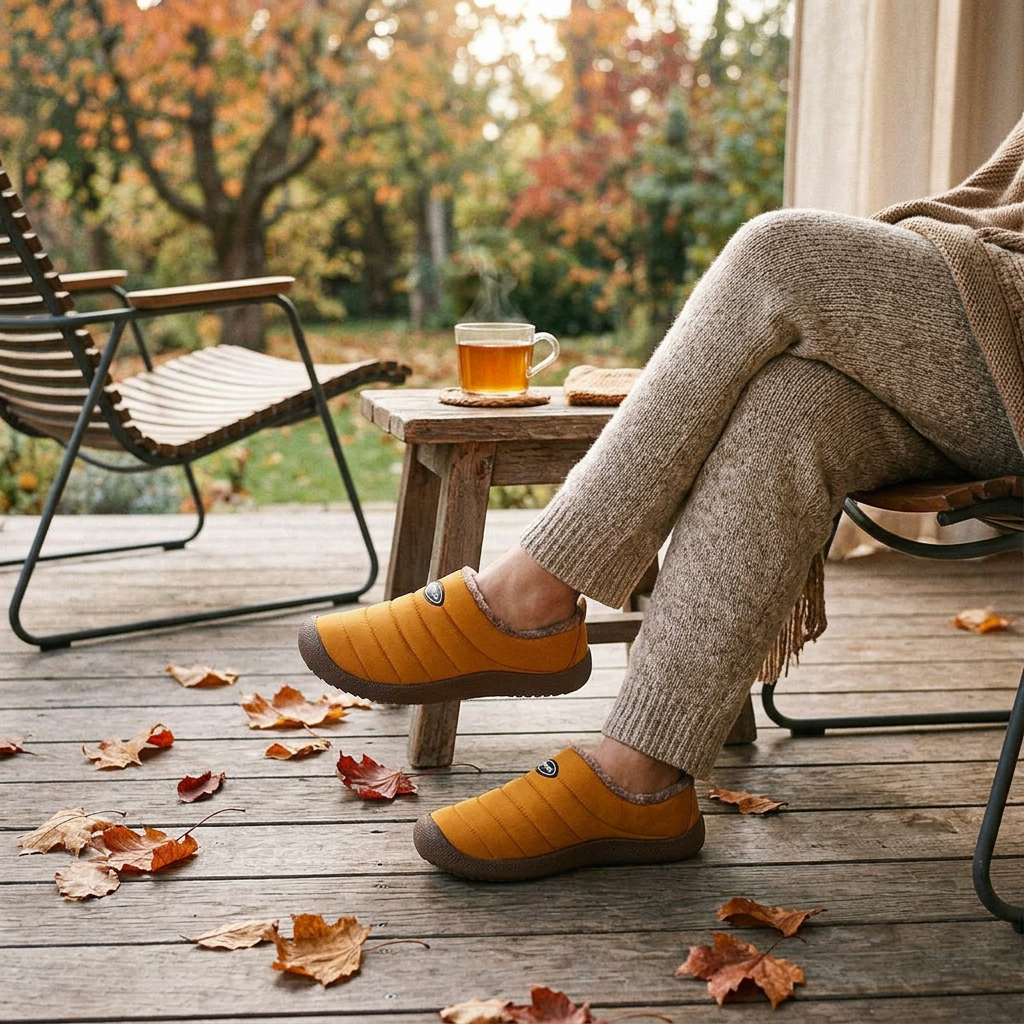 Person in knit pants wearing mustard quilted slippers on a wooden autumn porch with tea 1