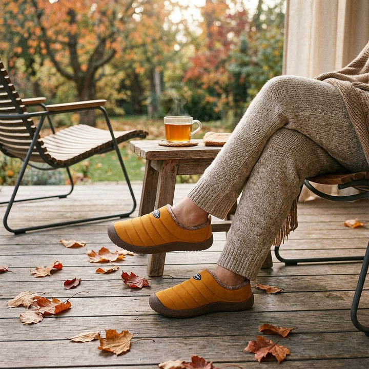 Person in knit pants wearing mustard quilted slippers on a wooden autumn porch with tea 1