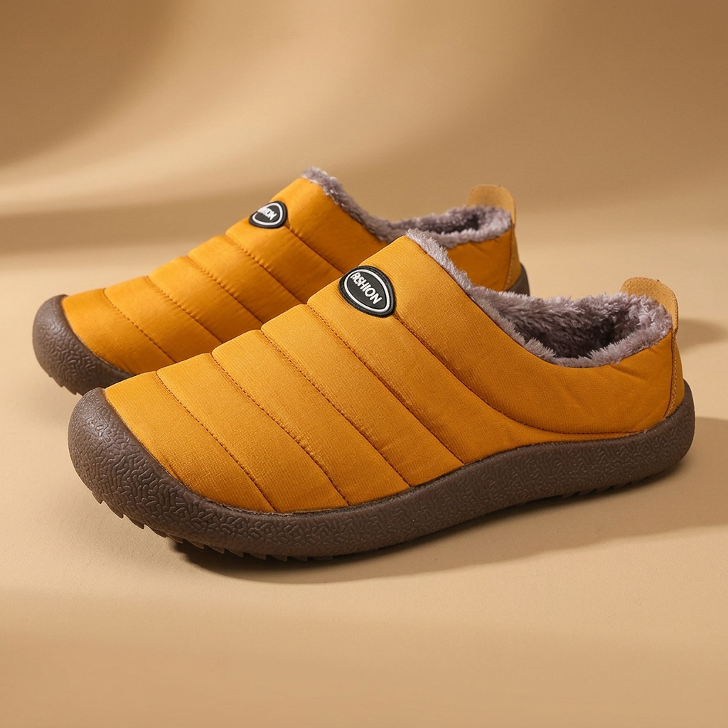 Pair of mustard yellow quilted slippers with brown fleece lining and dark brown soles on a tan studio background 20