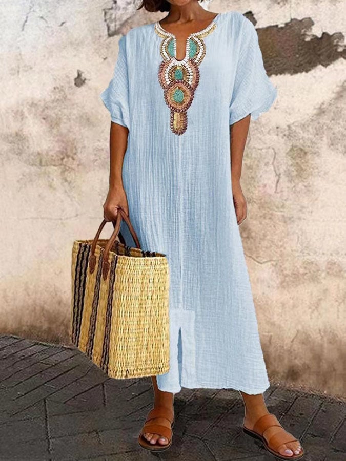 Kaftan Maxi Dress with Embroidery – Yasmin-Blue-XS-State of Style