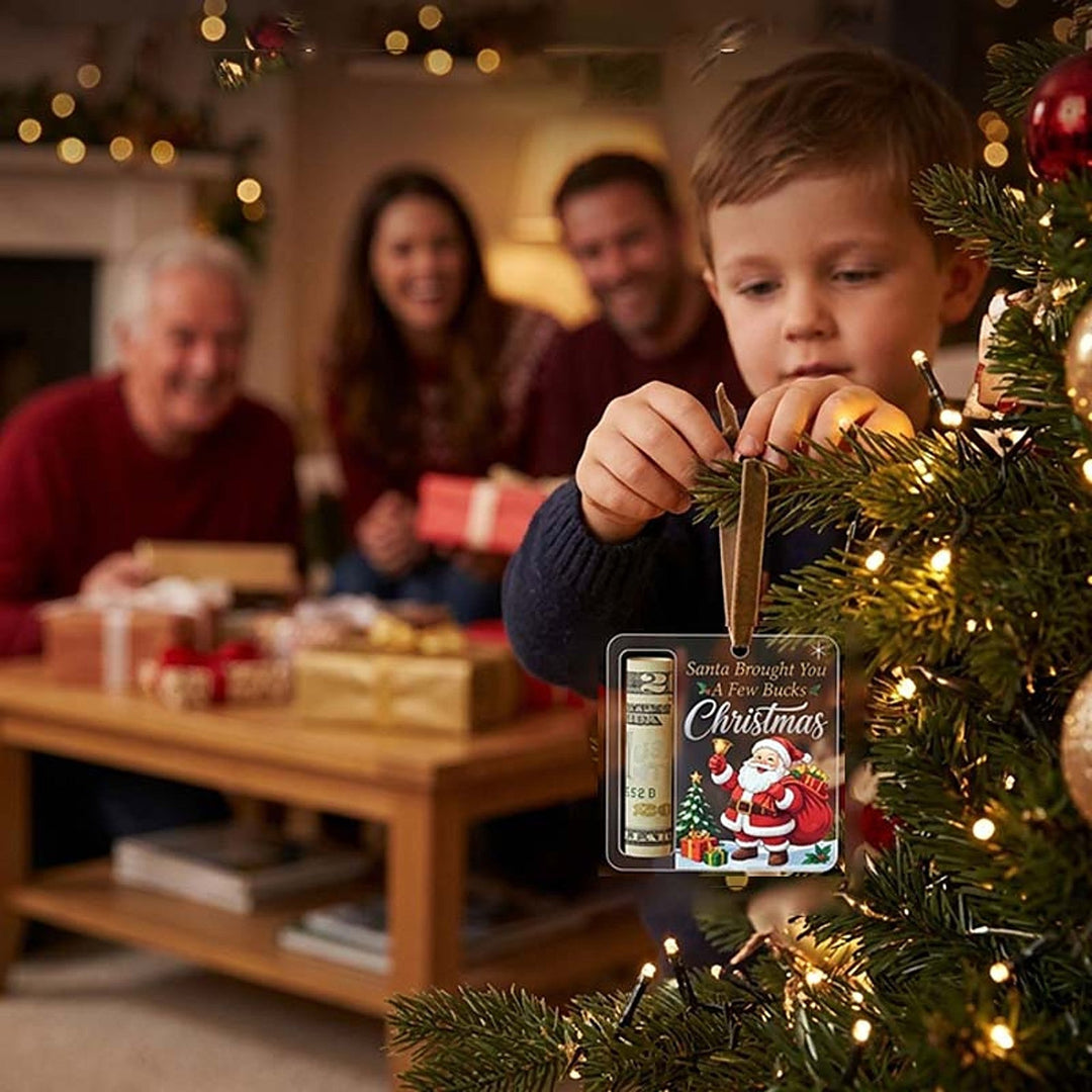 another view of a child placing the ornament on a tree branch in a cozy living room.