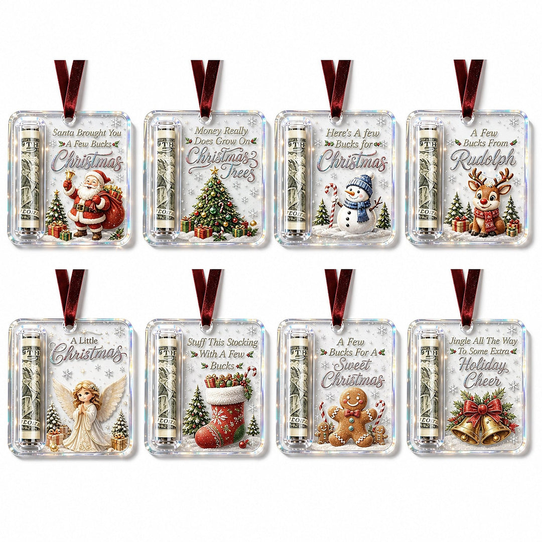 Eight acrylic money-holder ornaments in two rows with different Christmas designs.