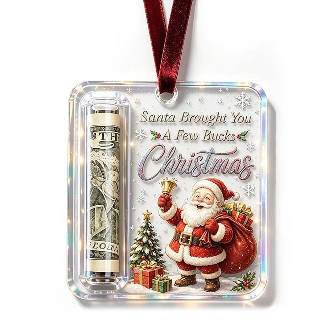 Santa design ornament on a white background with a rolled bill in the left slot and a red velvet ribbon.