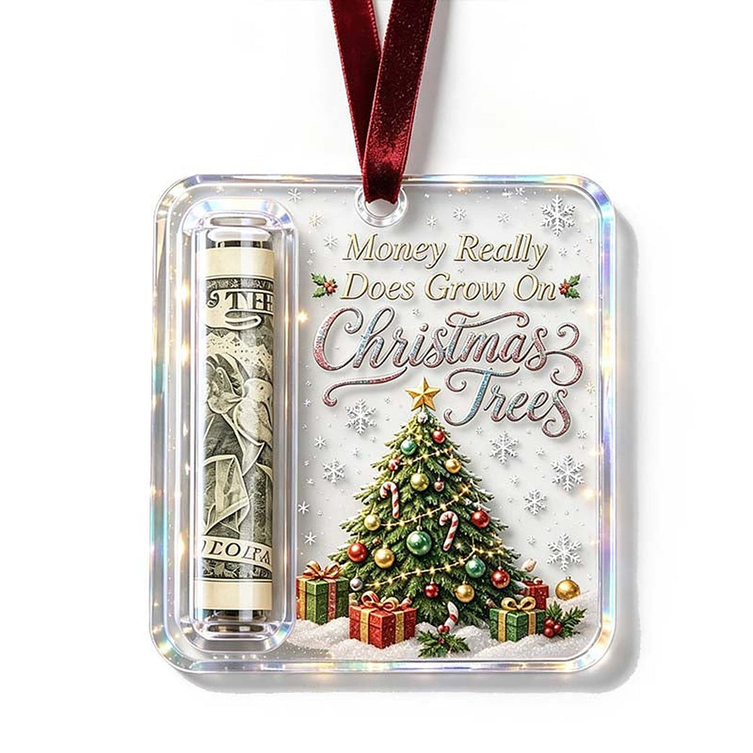 Christmas tree design ornament with a rolled bill in the slot and a red velvet ribbon.