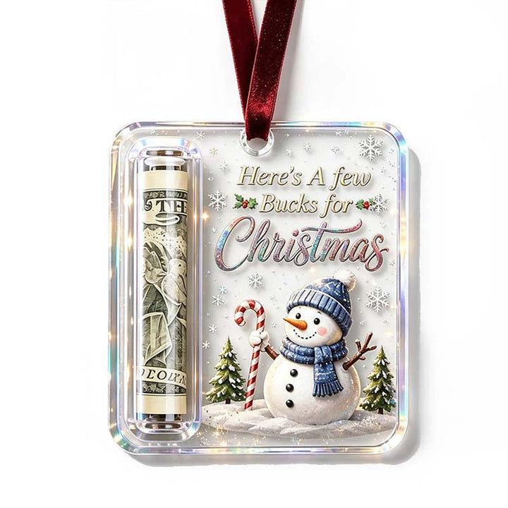 Snowman design ornament with a blue hat and scarf holding a candy cane and a rolled bill in the side slot.