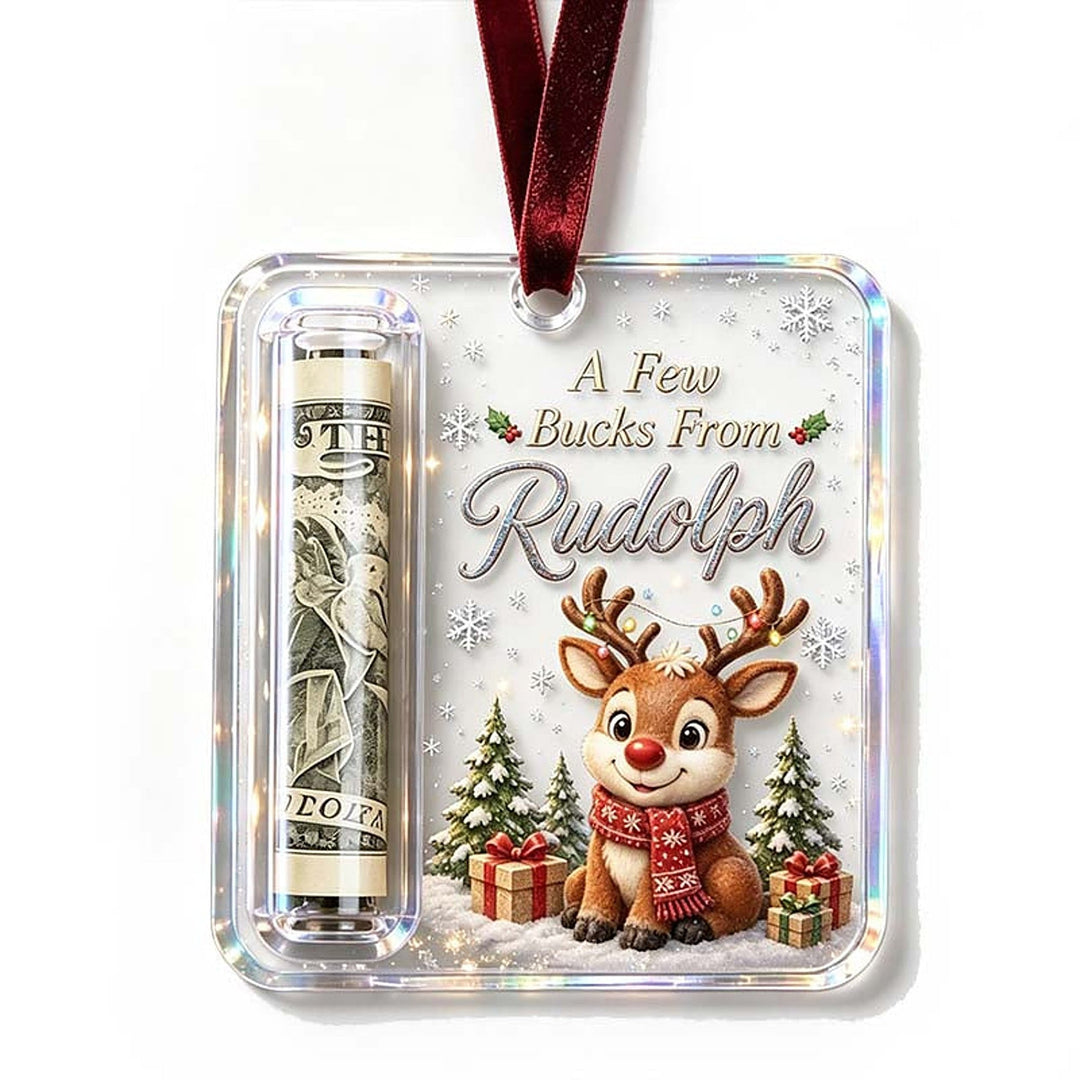 Reindeer design ornament with a red scarf and nose among gift boxes and a rolled bill in the side slot.