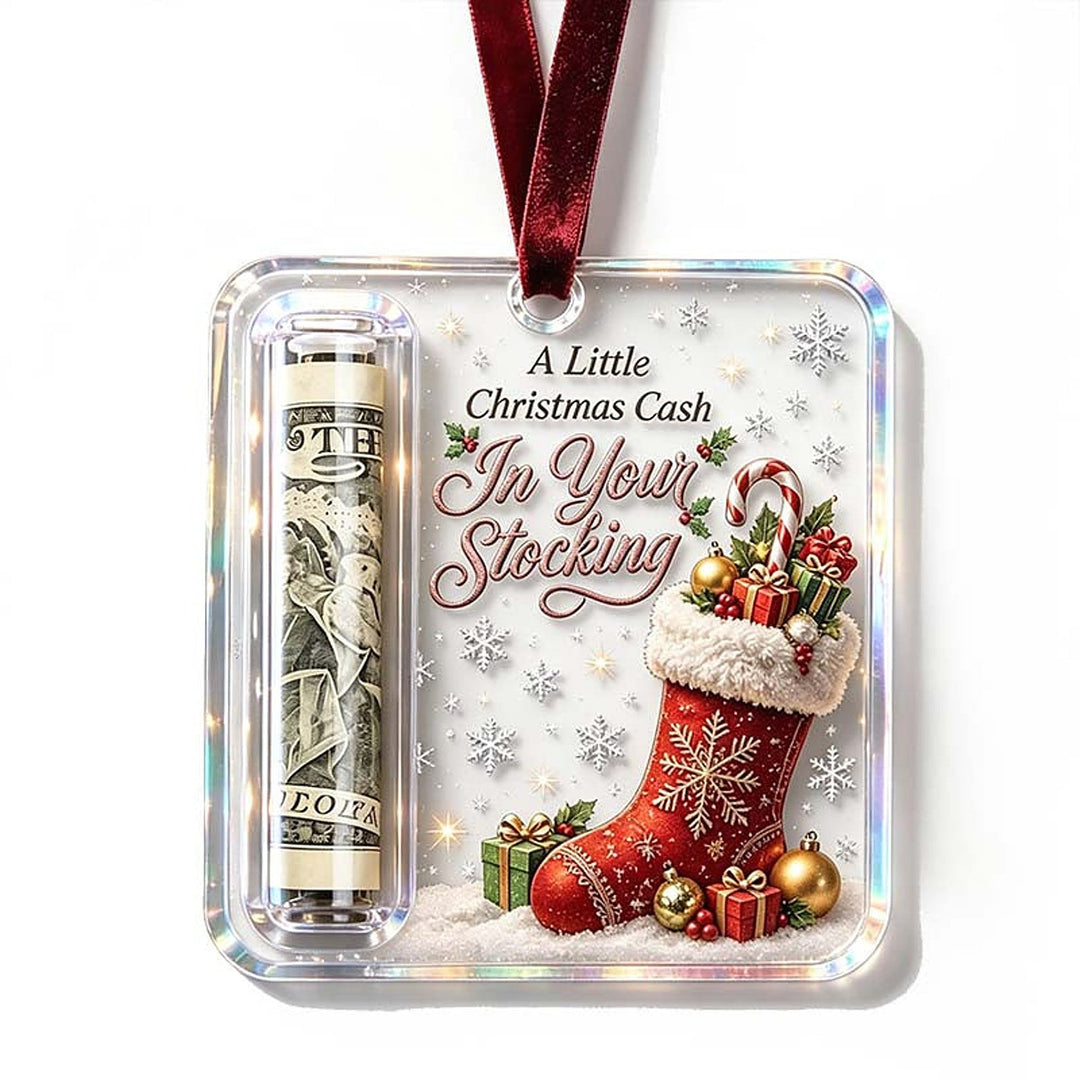 Stocking design ornament showing a red stocking filled with gifts and a candy cane and a rolled bill in the slot.