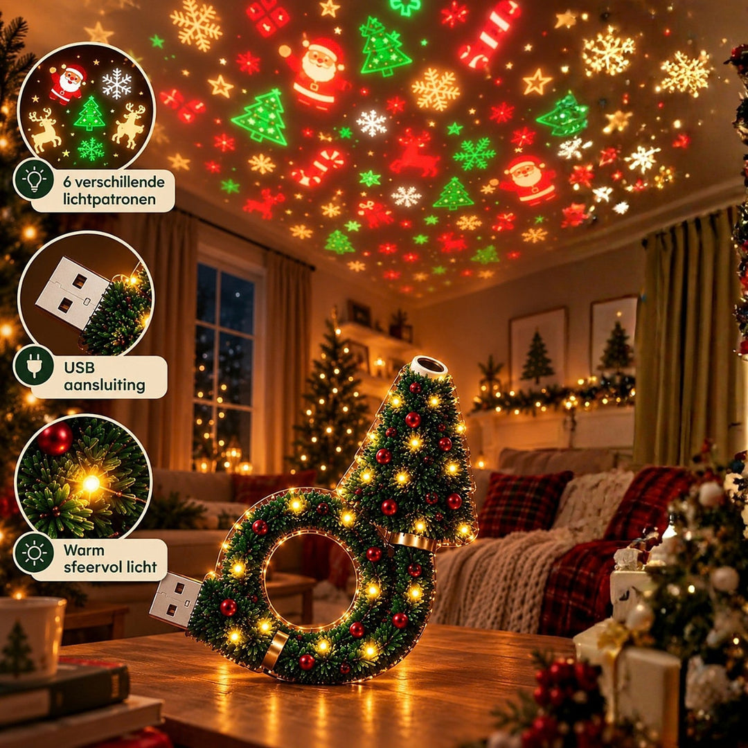 Christmas projector lamp detail with festive patterns projected on a ceiling in a living room.