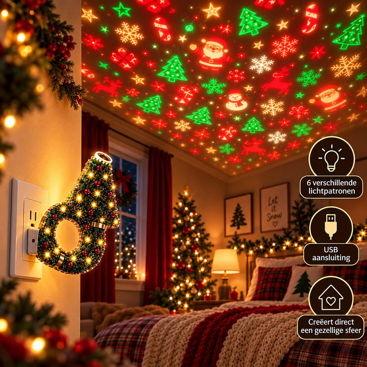 Christmas projector lamp detail beside a window in a decorated bedroom projecting holiday patterns.
