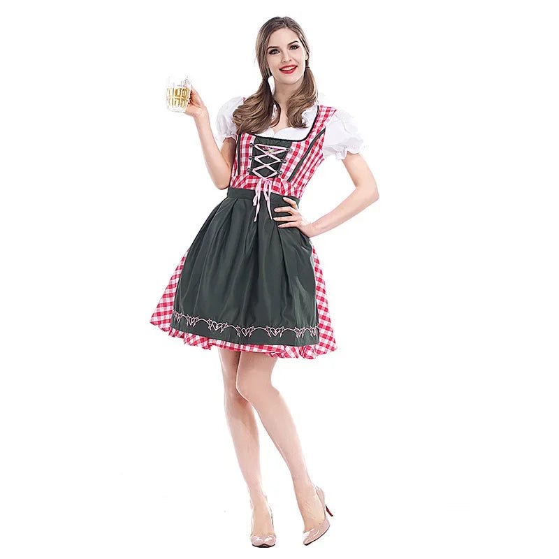Women's red gingham dirndl with a dark green apron and white puff-sleeve blouse.