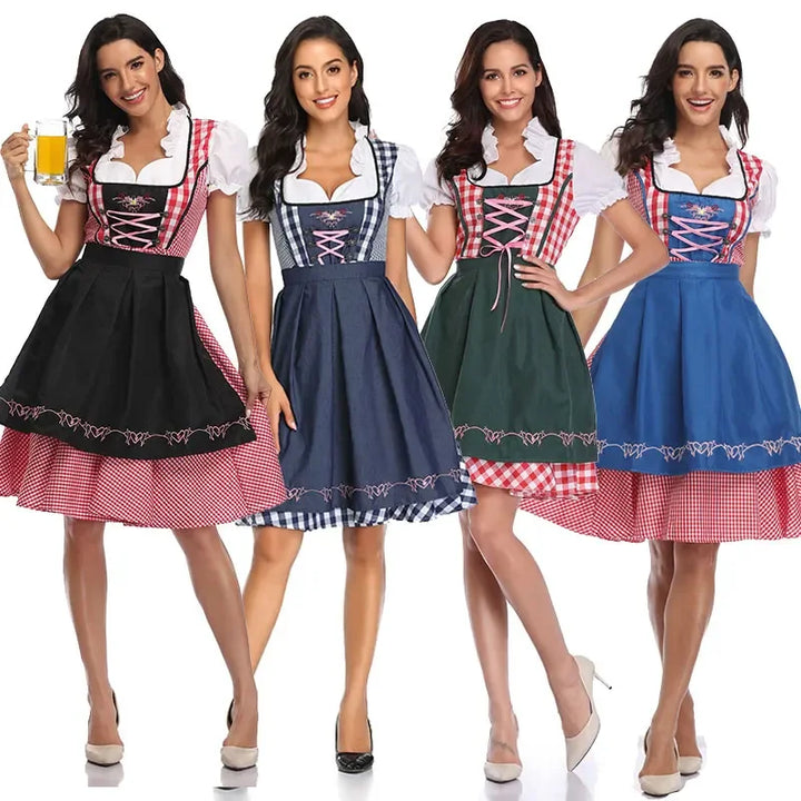 Women's dirndl set in black, navy, green and blue apron color options.
