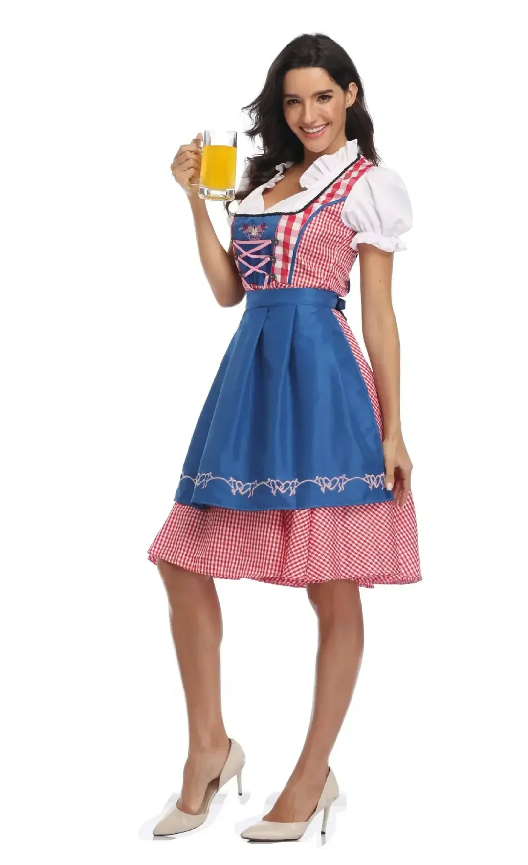 Women's red gingham dirndl side view with a bright blue apron.