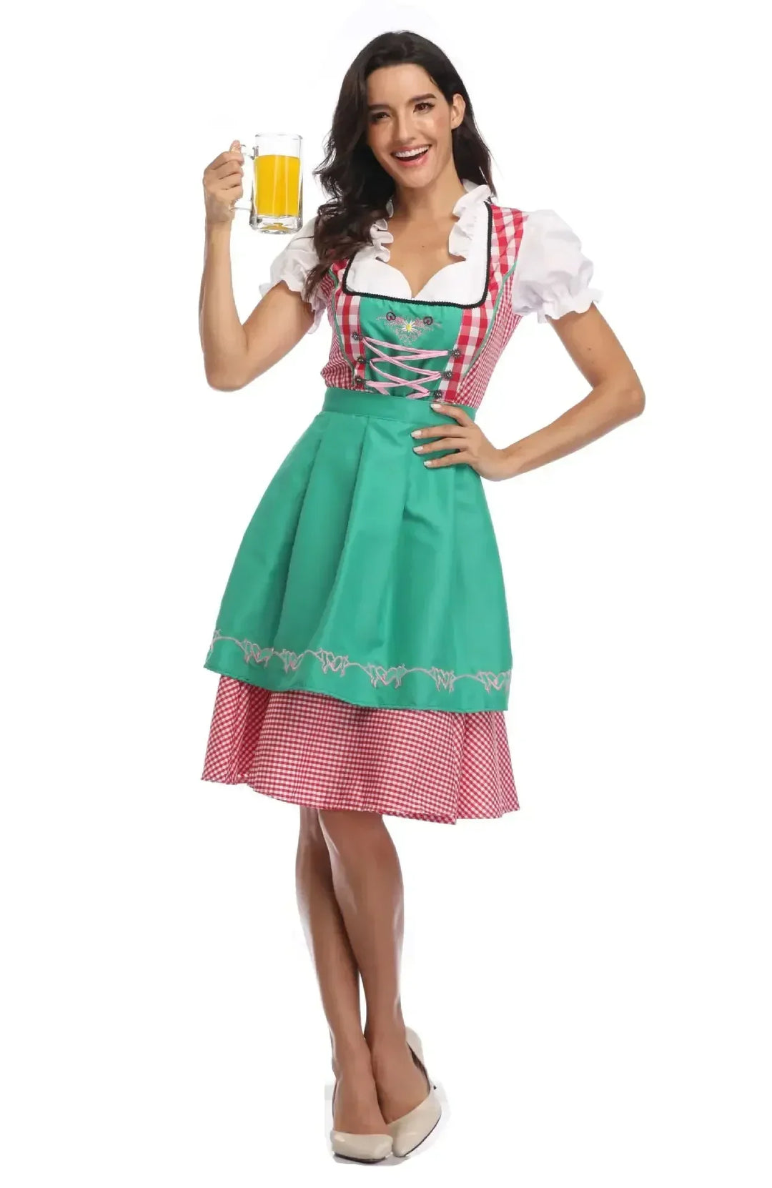 Women's red gingham dirndl with a bright green apron and pink lacing.