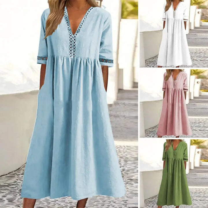Damen Sommerkleid Leinen V-Ausschnitt, Blau, Weiß, Rosa, Grün, Freizeitmode, Knielang