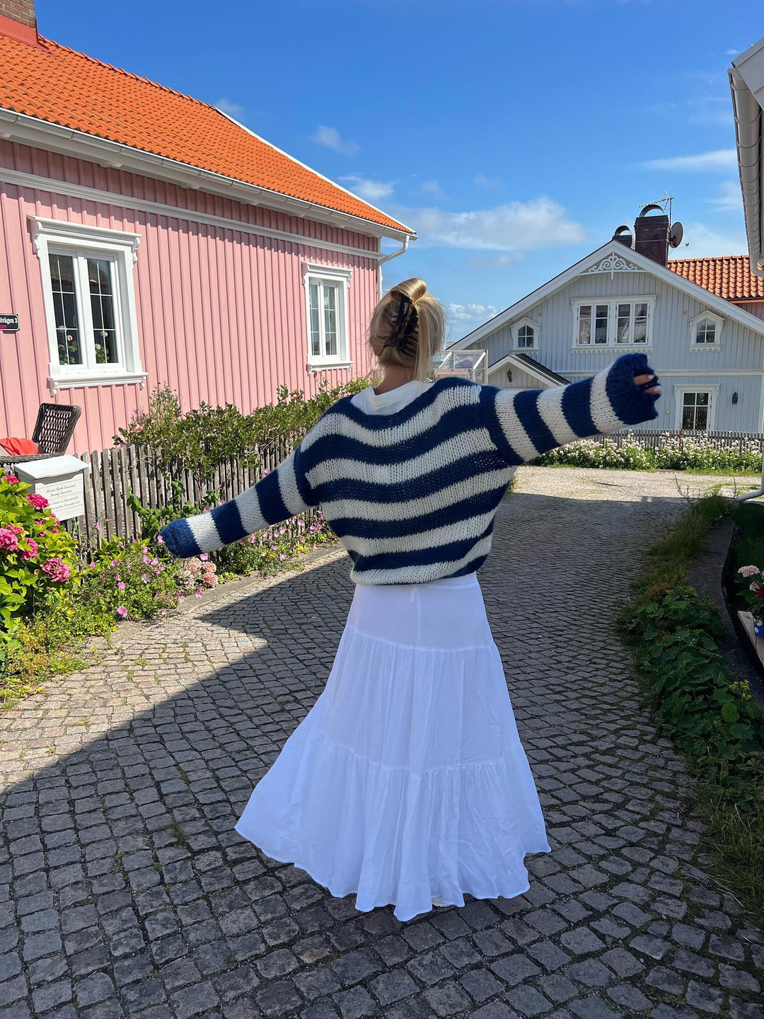 Knitted and Striped Oversized Women's Sweater - Harper-Blue and White-XS/S-Nora Luxe