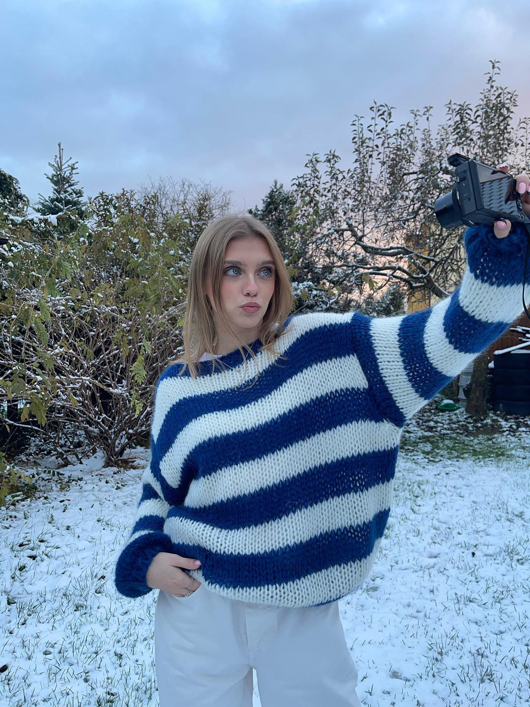 Knitted and Striped Oversized Women's Sweater - Harper-Blue and White-XS/S-Nora Luxe