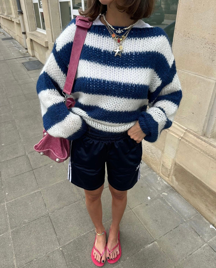 Knitted and Striped Oversized Women's Sweater - Harper-Blue and White-XS/S-Nora Luxe
