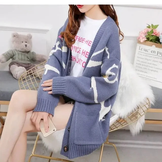 Knitted Cardigan with Playful Print and Button Closure - Nova-Blue-XS-Nora Luxe