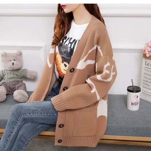Knitted Cardigan with Playful Print and Button Closure - Nova-Brown-XS-Nora Luxe